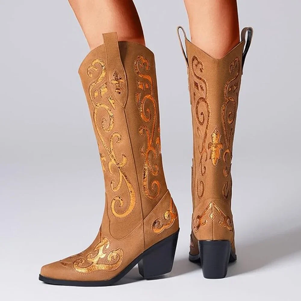 Cowgirl Mid Calf Floral Embroidery Pointed Toe Chunky Boots